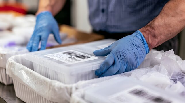 A person wearing blue gloves handles labeled plastic containers inside insulated delivery boxes on a work surface