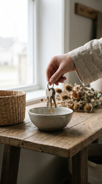 Hand dropping house keys into a ceramic bowl on a rustic entryway table