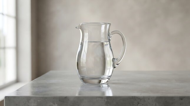 Clear glass water pitcher with handle on a grey stone surface.