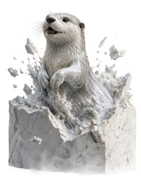 Otter marble sculpture emerging from broken stone block