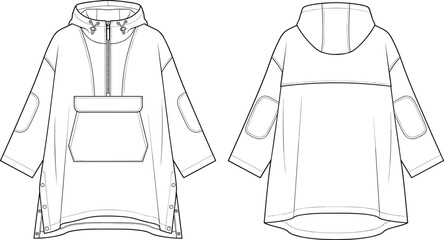 Unisex hooded anorak poncho jacket fashion technical flat sketch vector illustration with kangaroo pocket front back view © jamal