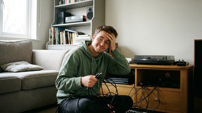 Frustrated young man untangling messy audio cables beside a turntable at home