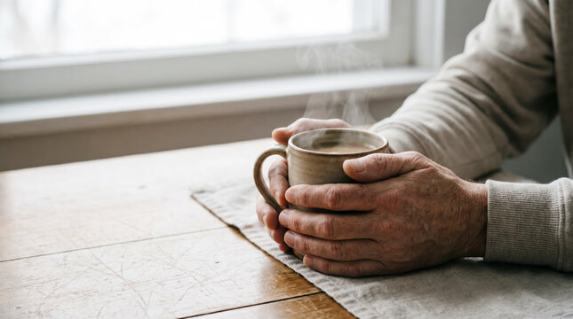 Senior man cradling a steaming ceramic mug at a wooden table by the window