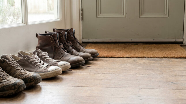 Worn family shoes and boots lined up by a front door in a rustic home entryway