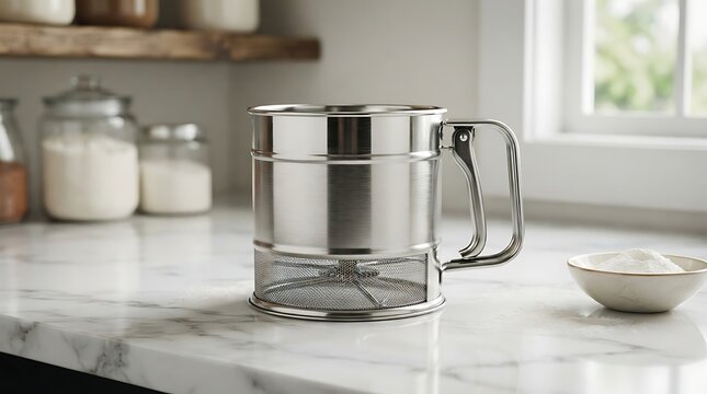 Stainless steel sifter on a clean marble kitchen countertop.