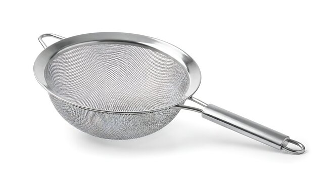 Stainless steel fine mesh kitchen strainer on white background.