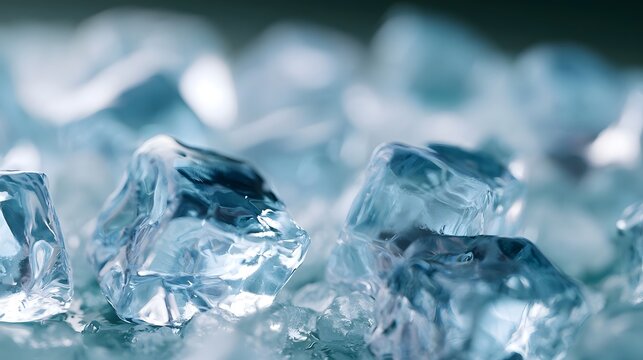 Close up of translucent ice cubes with sharp edges and smooth surfaces reflecting light against a blurred icy background