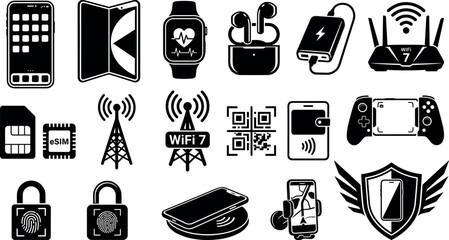 Technology Icons Including Smartphones, Tablets, Smartwatches, Earbuds, Wifi Routers, Sim Cards, Game Controllers, and Security Sy © Md Rezaul