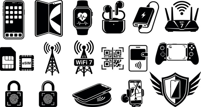 Technology Icons Including Smartphones, Tablets, Smartwatches, Earbuds, Wifi Routers, Sim Cards, Game Controllers, and Security Sy