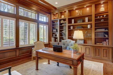 Fototapeta premium Sophisticated luxury home office interior featuring rich wooden built-in bookshelves, an executive desk, and large windows with shutters