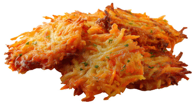 Crispy golden fried hash browns with herbs close up breakfast food photography isolated on white background