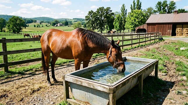 Brown Horse Drinking Water from a Metal Trough on a Farm.