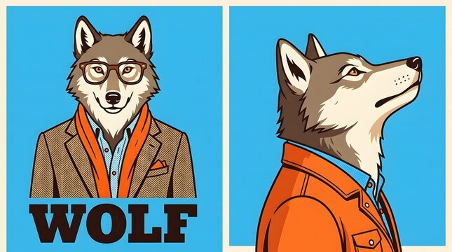 Elegant illustrations featuring two dapper wolves dressed in stylish attire, presenting a unique anthropomorphic character concept for contemporary design projects