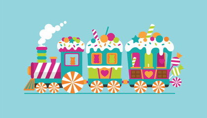 Fototapeta premium Colorful fantasy toy train heavily decorated with sweet candies, chocolate, white frosting, and colorful sprinkles.