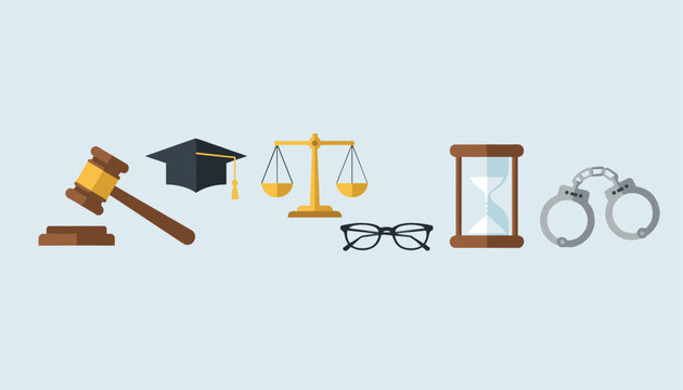 Collection of flat icons representing law and justice including a gavel, scales, handcuffs, and graduation cap.