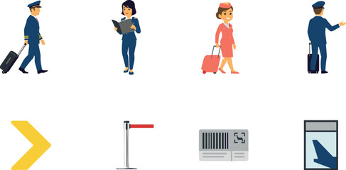 Obraz premium Airport Crew and Aviation Character Set with Pilot, Flight Attendant, Luggage, Boarding Pass, and Window View Elements for Travel Graphic Designs