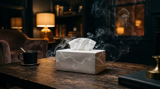 A box of tissues sitting on a dark wooden table in a dimly lit cozy library setting with smoke.