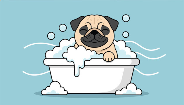 Happy cartoon pug dog smiling while taking a warm bubble bath in a white tub on a soft light blue background.