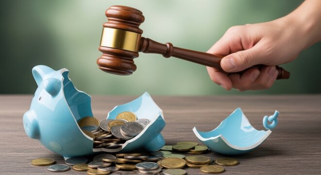 Wooden gavel breaking a blue piggy bank with metal coins on a table illustration