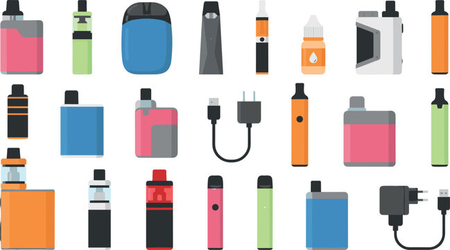 Electronic cigarette flat icon set with diverse vape mods e-liquid dropper bottles chargers pod systems and disposable vaping devices vector illustration
