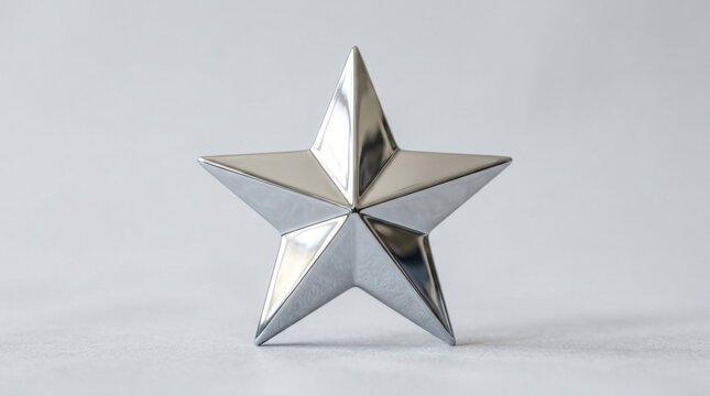 A shiny silver star with a reflective surface, standing upright on a plain white background.