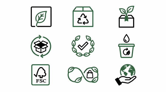 Set of Nine Eco-Friendly and Sustainable Line Icons, Including Recycling, Organic, FSC Certified, and Environmental Protection Symbols, Vector Illustration on White Background