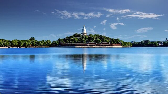 Time-lapse of Beihai Park White Dagoba on Qiong Island, Beijing, capturing summer skies, lake reflections, and scenic tranquility.