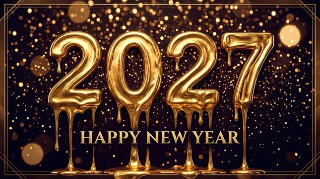 Happy New Year 2027 background with dripping metallic gold paint.