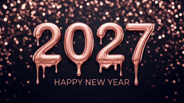 Happy New Year 2027 background featuring rose gold metallic paint dripping over a dark background.	