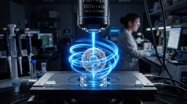 Scientist analyzing blue laser hologram in advanced lab. Futuristic 3D molecular data visualization for research and biotech innovation.