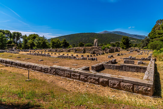 A view across the archaeological ruins of the Sanctuary of Asclepius at Epidaurus in early summertime