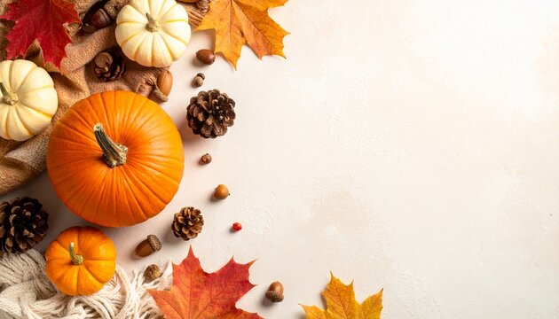 Fall flat lay with pumpkins, colorful autumn leaves, and pine cones on a light background for Thanksgiving