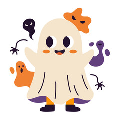 Fototapeta premium Cute white sheet ghost wearing pumpkin ribbon smiling happily in flat cartoon vector illustration