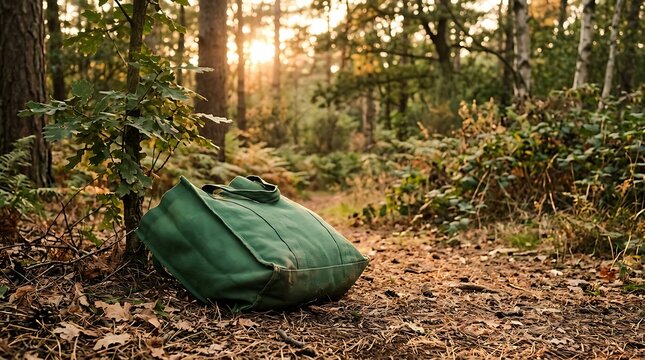 A green canvas bag left alone on a forest floor during autumn.