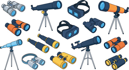 Fototapeta premium Optical observation instruments vector collection set featuring astronomy telescopes field binoculars and virtual reality headsets flat illustration asset pack