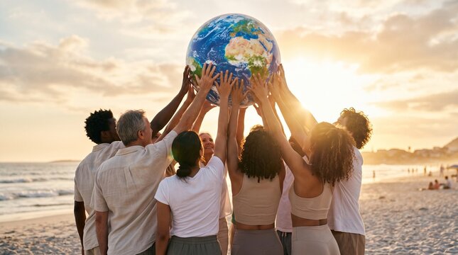 Diverse group of multiracial adult men and women holding planet earth globe together on beach outdoors at sunset for unity concept