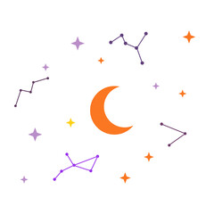 Mystic star constellation and crescent moon background design in flat cartoon vector style © ImamSetia