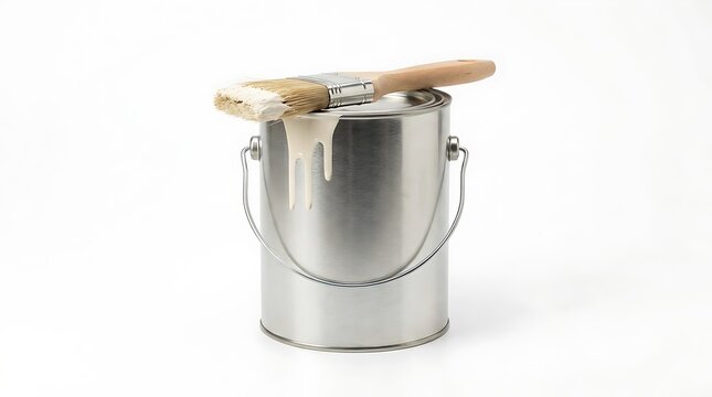 A metal paint can with a brush resting on top dripping white paint on a white background.