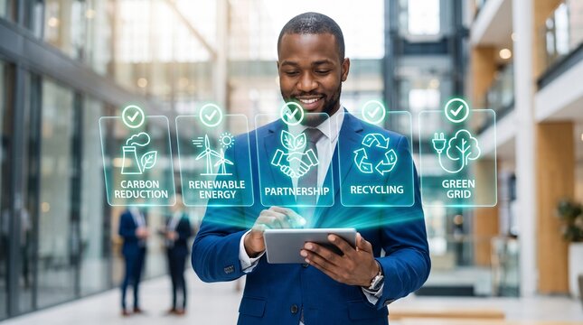 Smiling Black businessman using digital tablet with ESG icons in modern office indoors during daytime for corporate sustainability concept