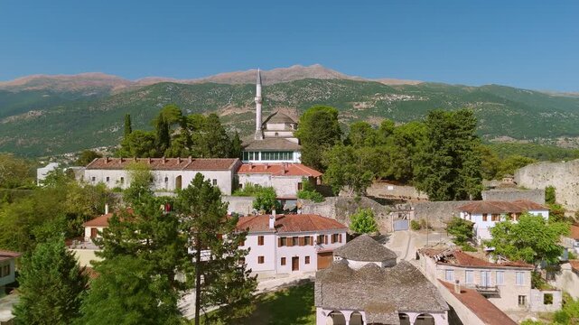 Aerial View of Aslan Pasha Mosque and Lake Pamvotis in Summer, Ioannina, Greece