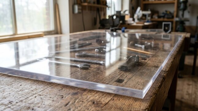 A clear acrylic table with various tools and equipment on it, placed in a workshop setting with natural light and wooden furniture.