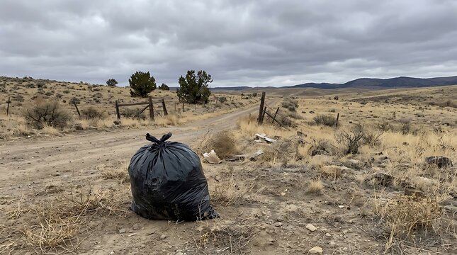 A single black trash bag abandoned on a rural dirt road.