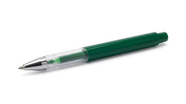 A single green ink ballpoint pen isolated on a white background.
