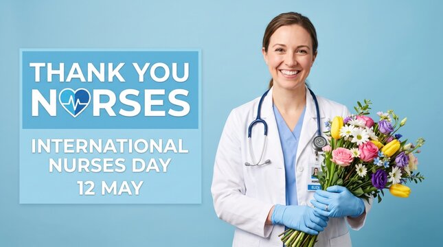 Smiling nurse holding flowers for International Nurses Day