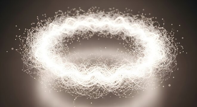 Abstract white particle ring with glowing light trails on neutral warm background.