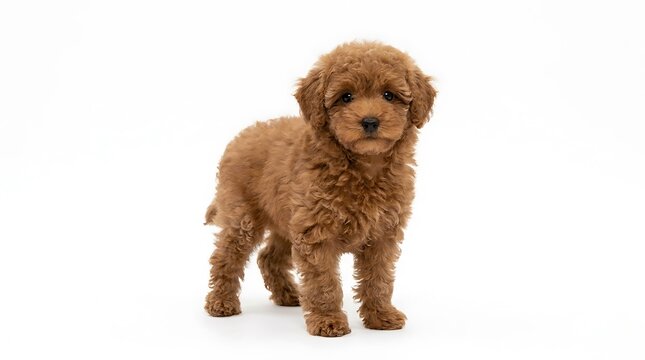 Adorable brown poodle puppy standing on white background.