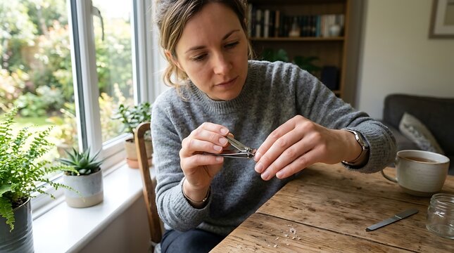 A woman trimming her fingernails while sitting at a rustic wooden dining table.