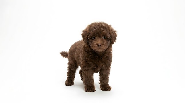 Adorable curly brown poodle puppy standing on a white background.