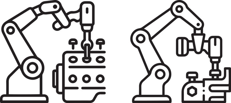 Robotic arm assembly line icons set with industrial automated robot welding and manufacturing engine part
