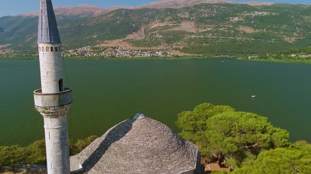 Aerial View of Aslan Pasha Mosque and Lake Pamvotis in Summer, Ioannina, Greece